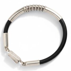 Designer Signed JBB 925 Sterling Silver Black Leather Tube Bracelet Thailand EUC